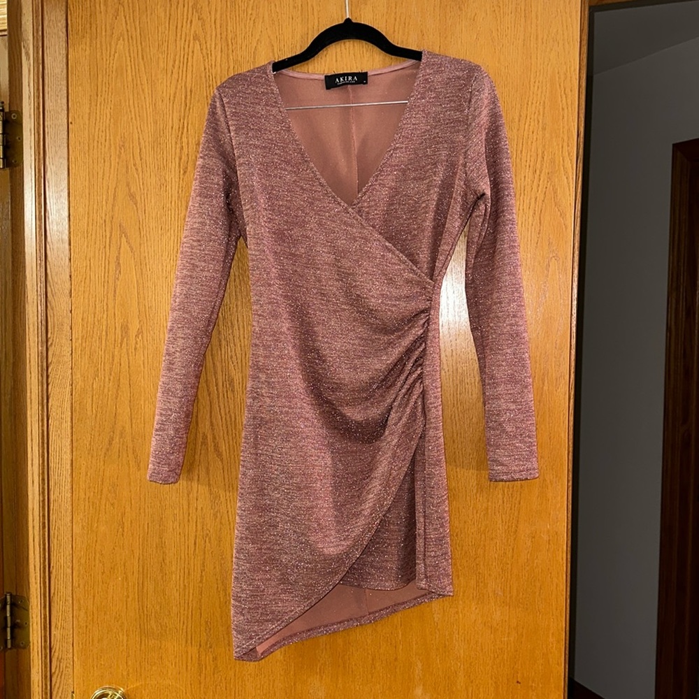 Akira FLEX FIT BEST FRIEND LONG SLEEVE RUCHED KNIT MINI DRESS -Rose gold -M NWOT